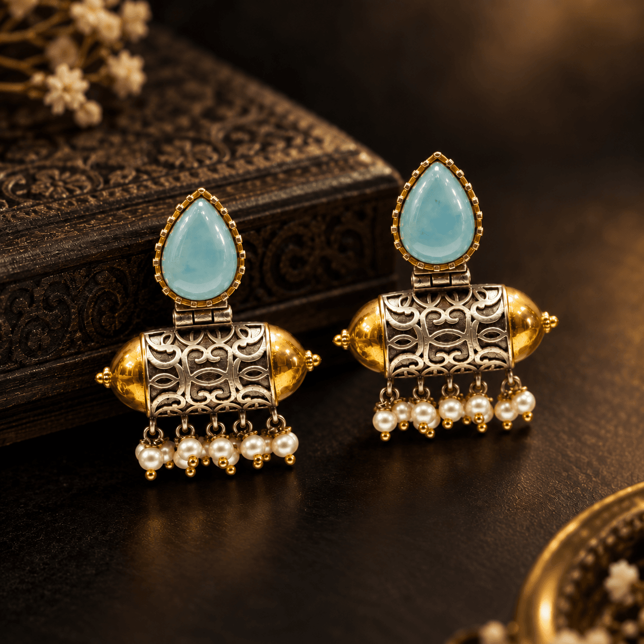 Original Jaipuri 2-Tone Oxidised Earrings – Blue Mint Colour — alternate angle