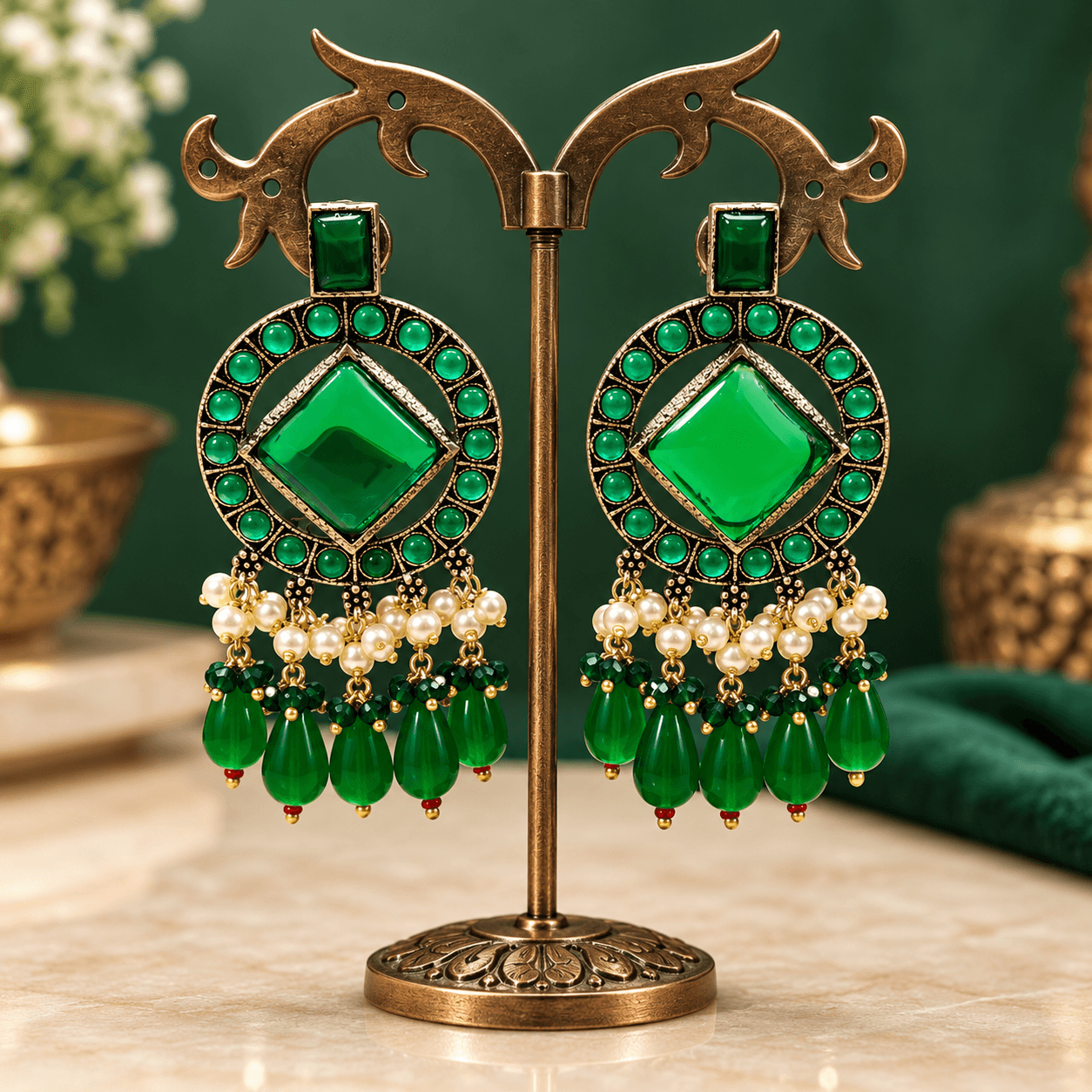 Original Jaipuri Oxidised Earrings – Dark Transparent Green