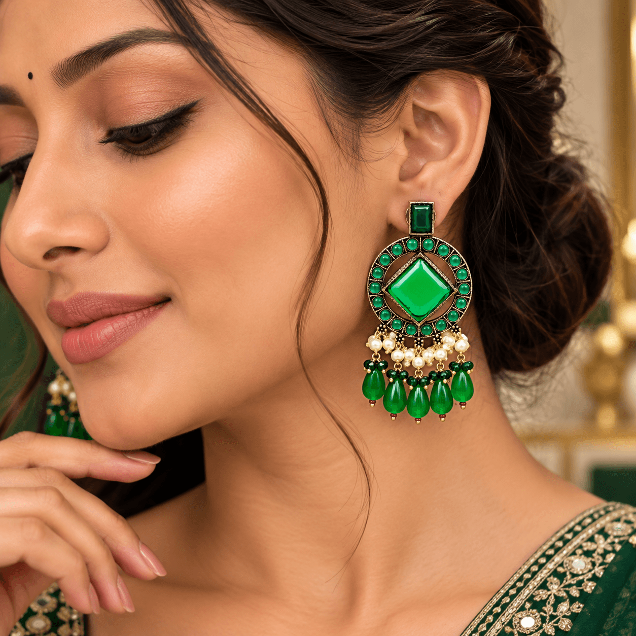 Original Jaipuri Oxidised Earrings – Dark Transparent Green — alternate angle