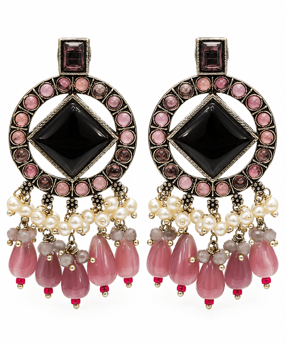 Original Jaipuri Oxidised Earrings – Wine & Baby Pink — alternate angle