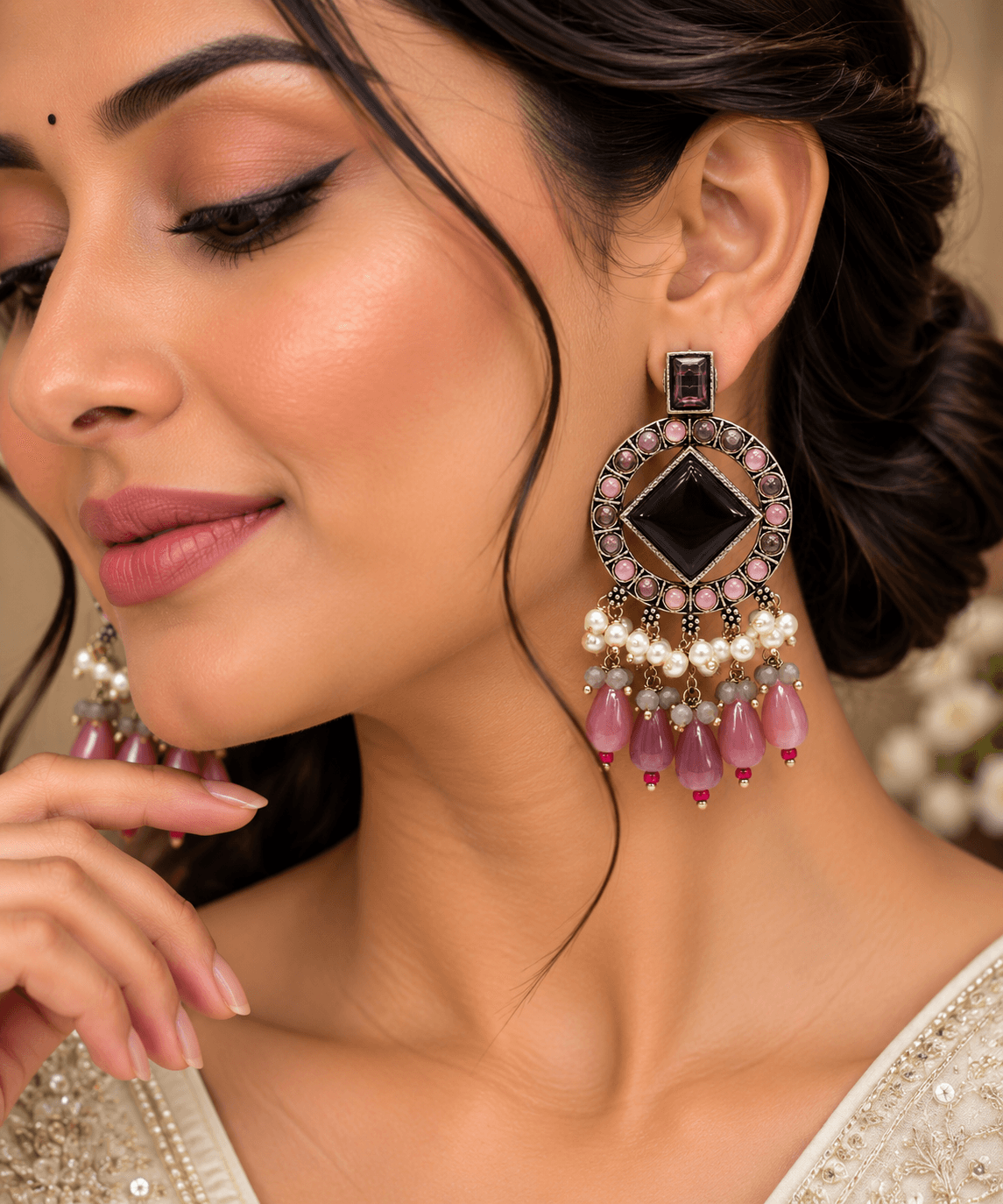 Original Jaipuri Oxidised Earrings – Baby Pink