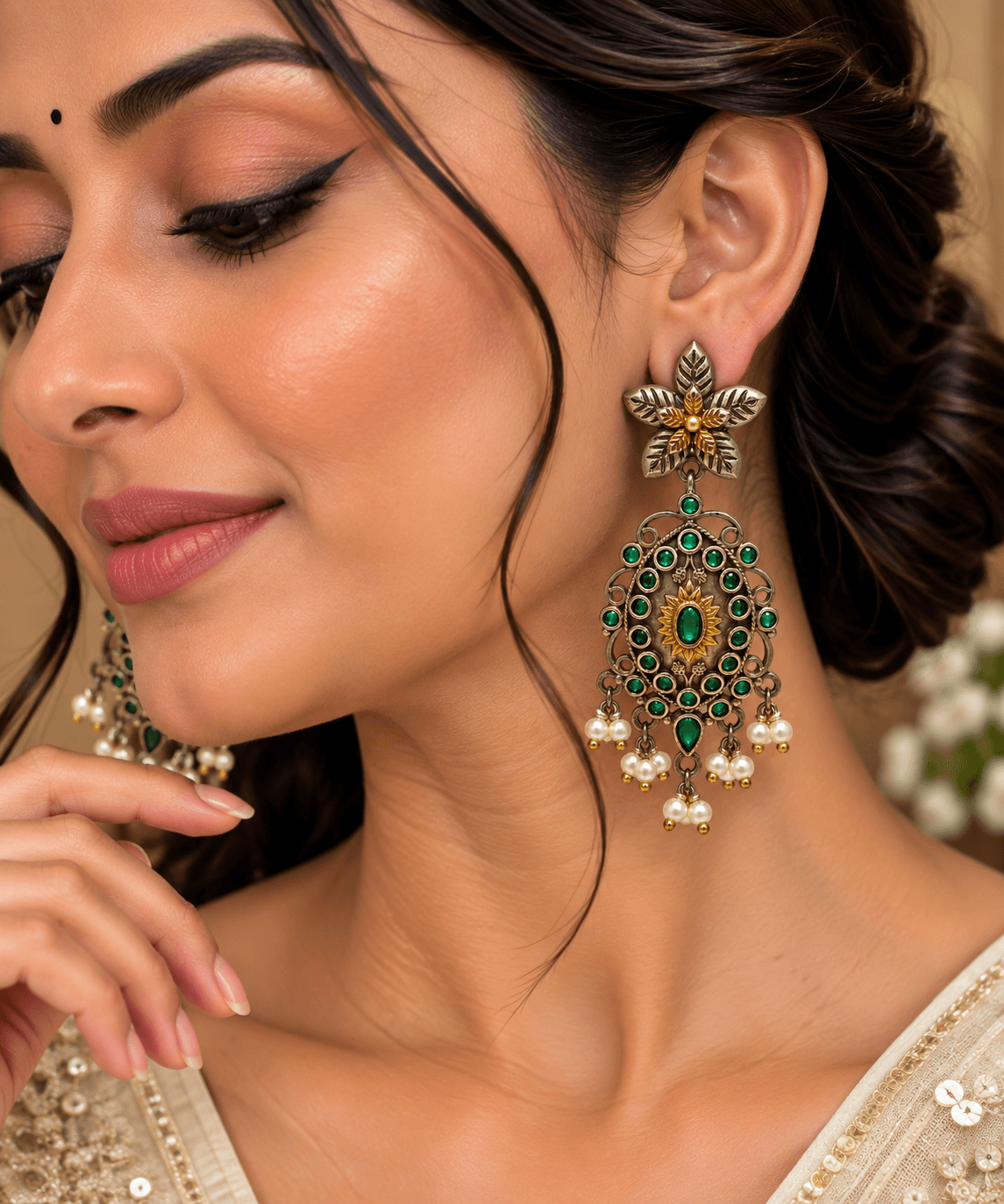 Original Jaipuri 2-Tone Oxidised Earrings – Dark Green Stone