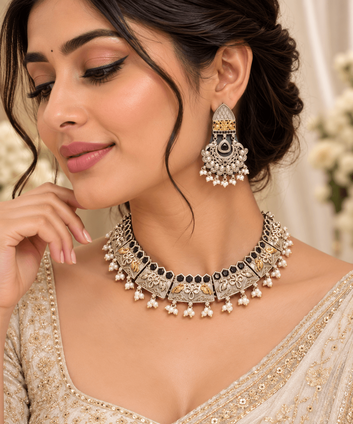 Original Jaipuri 2-Tone Oxidised Necklace Set – Black Stone