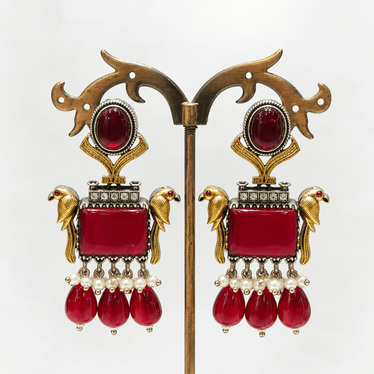 Original Jaipuri 2-Tone Oxidised Necklace Set – Red & Transparent Green — alternate angle