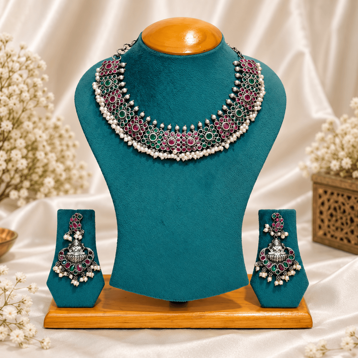 Original Jaipuri Oxidised Necklace Set – Ruby, Green & Moti — alternate angle