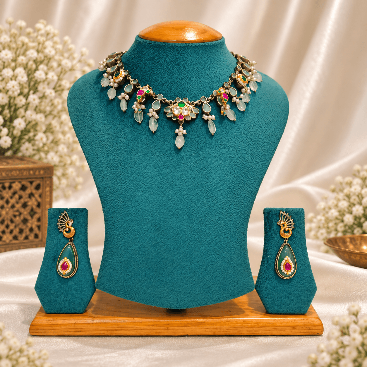 Original Jaipuri 2-Tone Fusion Pure Oxidised Necklace Set – Kundan Multicolor — alternate angle