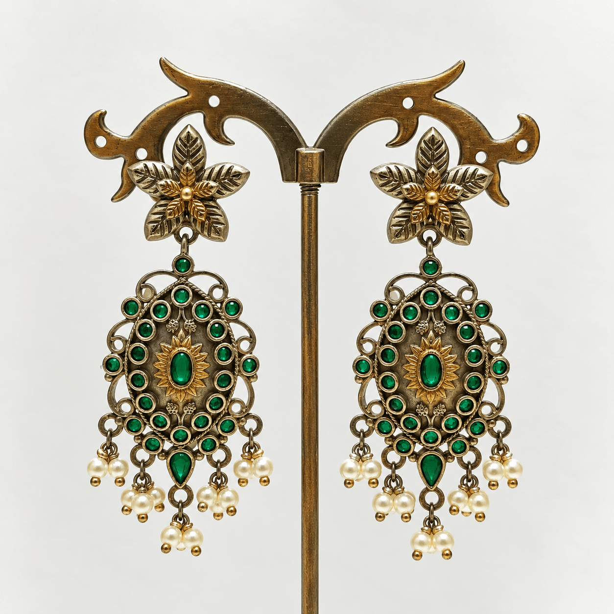 Original Jaipuri 2-Tone Oxidised Earrings – Dark Green Stone — alternate angle